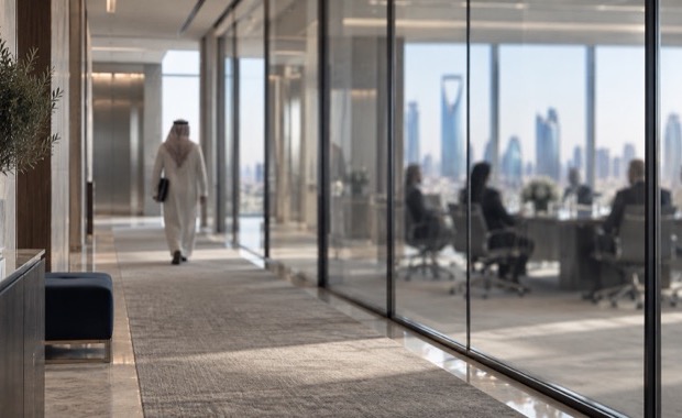 A corridor outside a glass-walled boardroom in Riyadh; the board sits behind the glass, out of focus, while one figure seen from behind walks away toward the lifts with a folder under his arm.